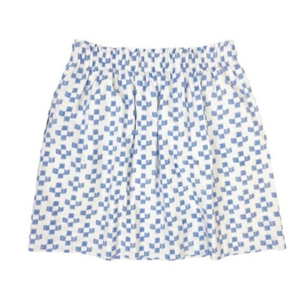 Madewell Ikat Blue Crosshatch Shirred Waist 100% Cotton‎ White Mini Skirt Size S